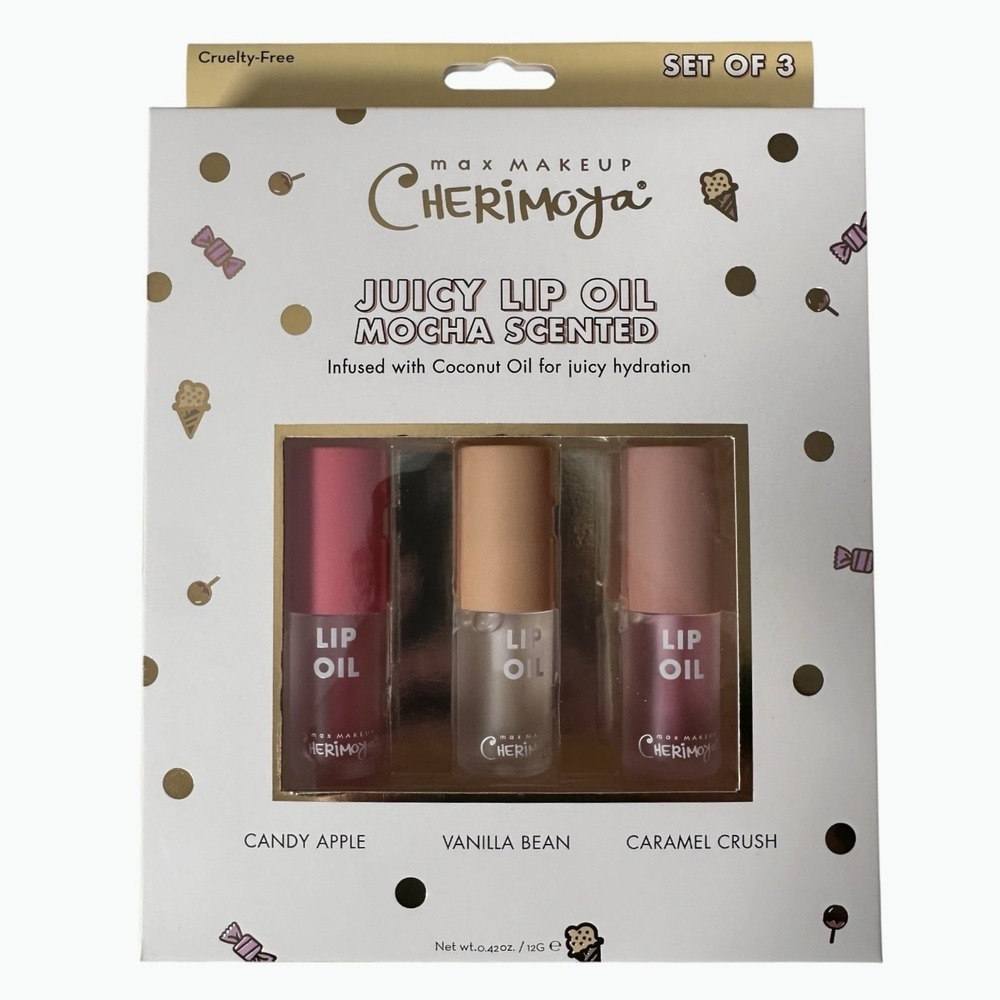Max Makeup Cherimoya Set of 3 Lip Oil‎ Candy Apple Vanilla, Caramel Scented New